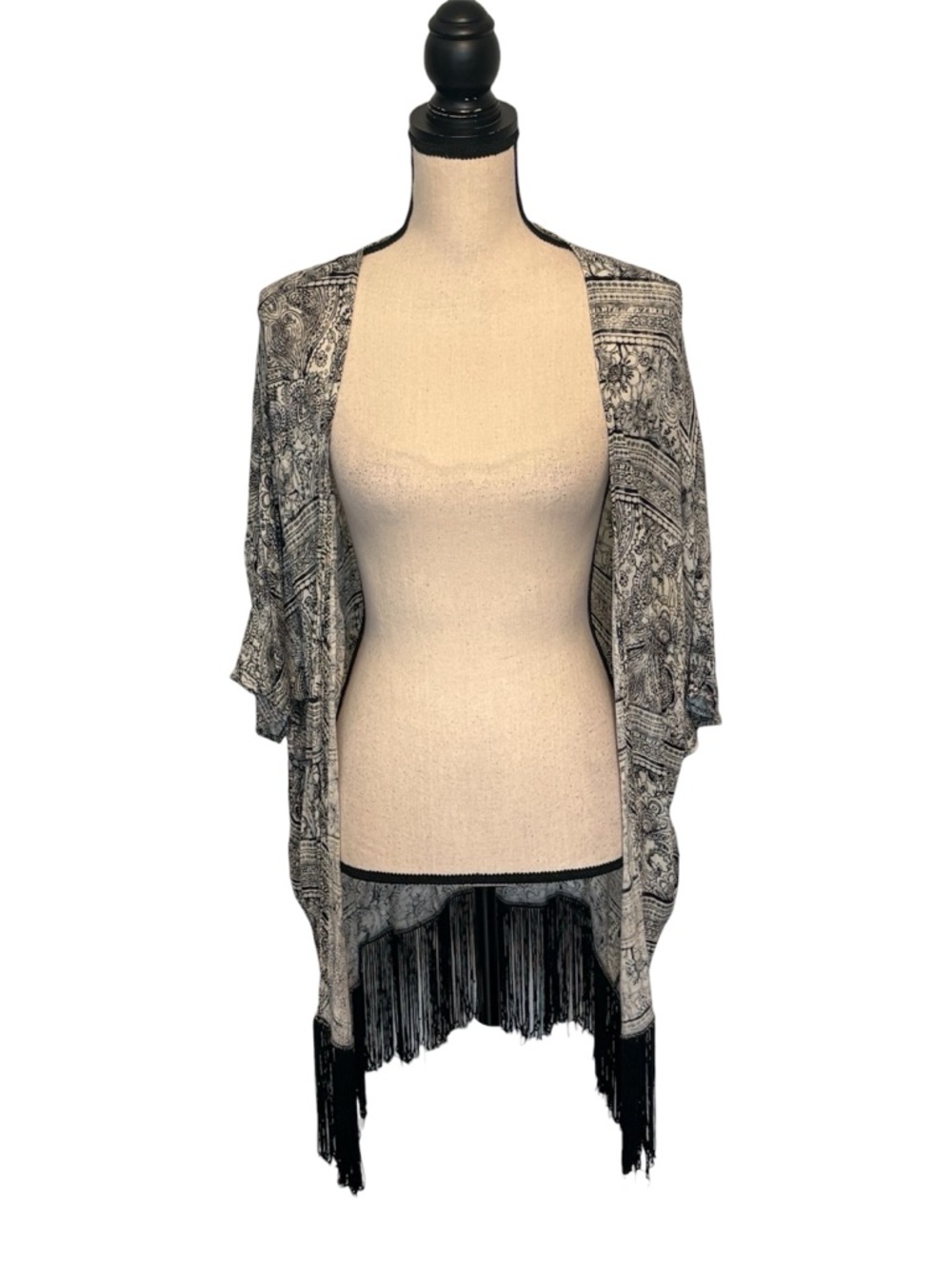 California Gypsy Black White Fringe Kimono One Size Boho Cover Up